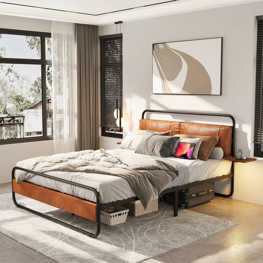 King size metal bed frame with black tubular rails and brown leatherette headboard in a bedroom on Tampa Home & Garden Store