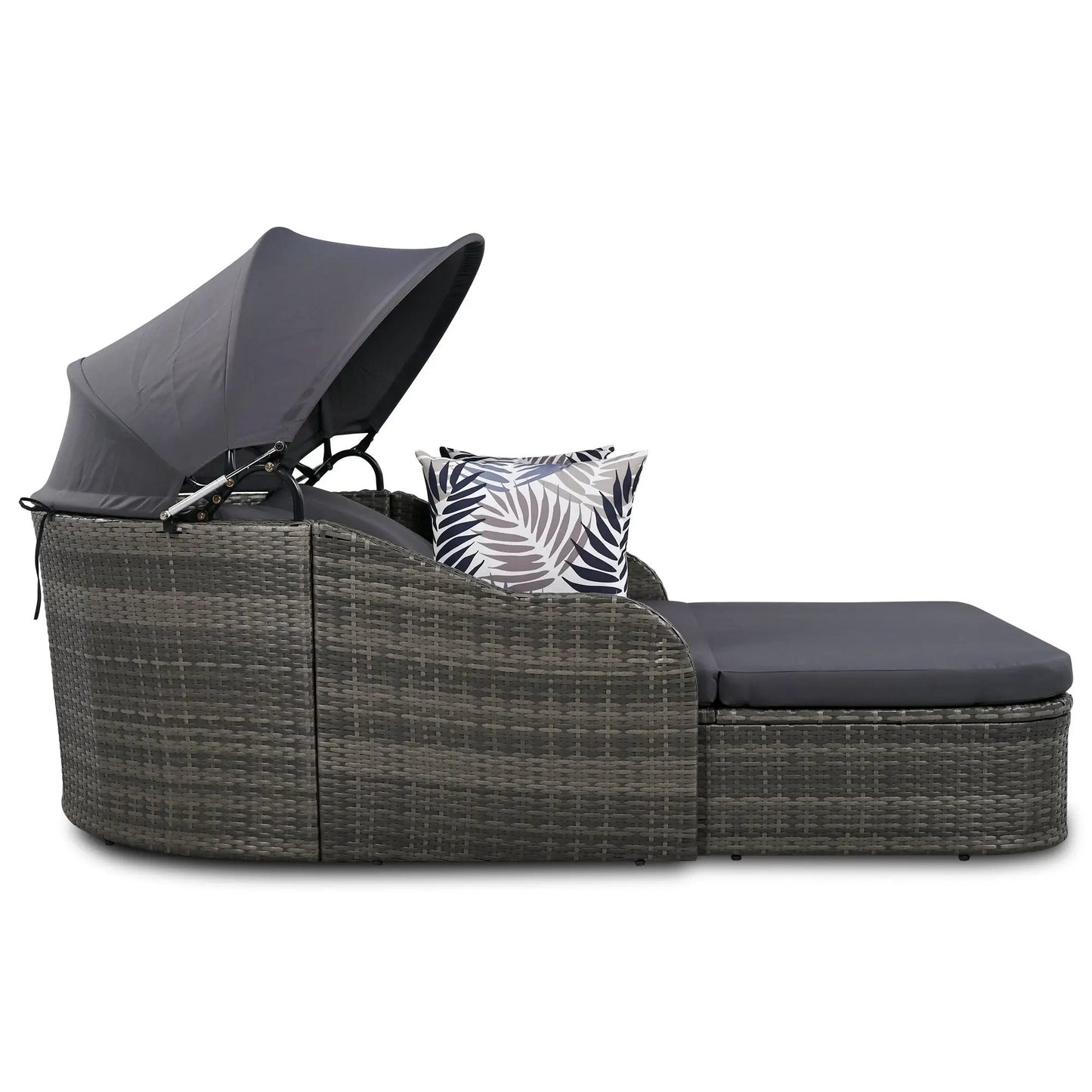 Tumbona exterior GO de 79.9" con dosel ajustable, doble tumbona, cama de día de ratán PE, mimbre gris y cojín