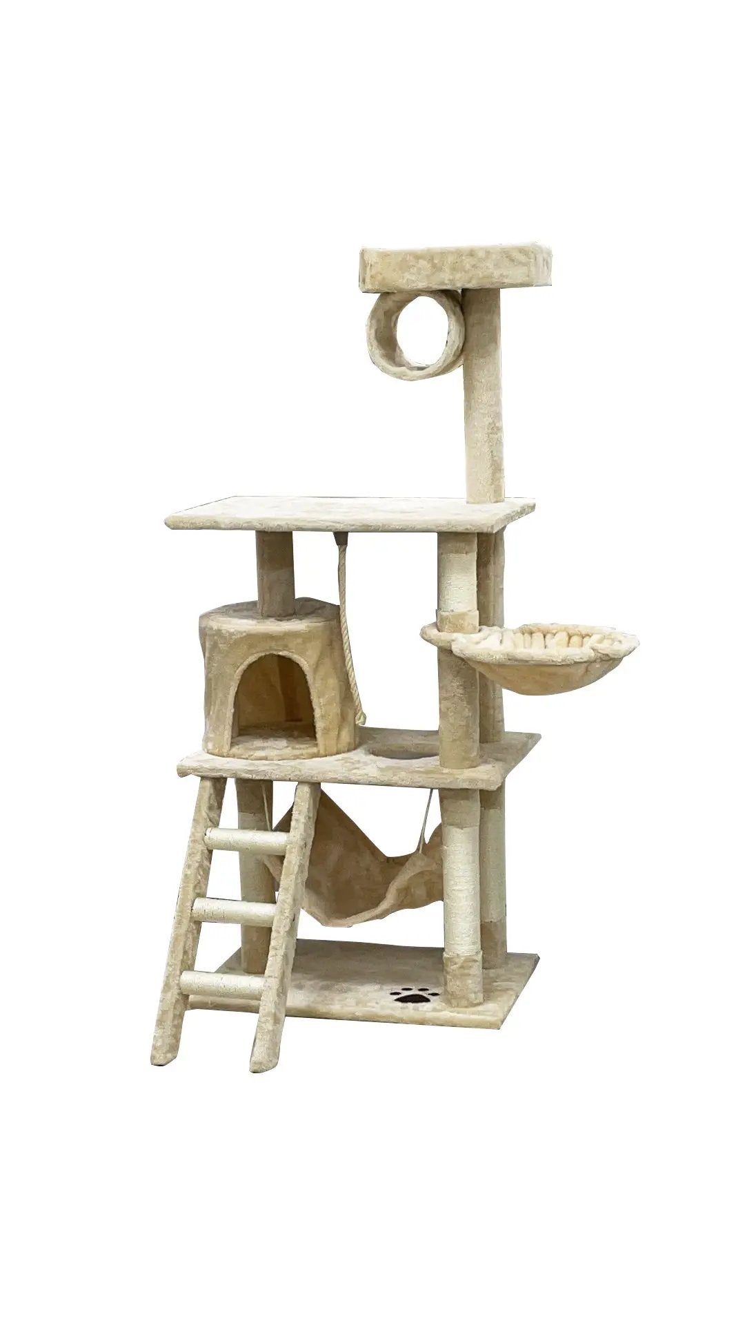 Cream velvet cat tree with cave, ring perch, ladder, and hammock for indoor play on Tampa Home & Garden Store