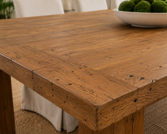 Recycled teak dining table 79 x 36 in with rustic knot-filled top and thick square legs on Tampa Home & Garden Store