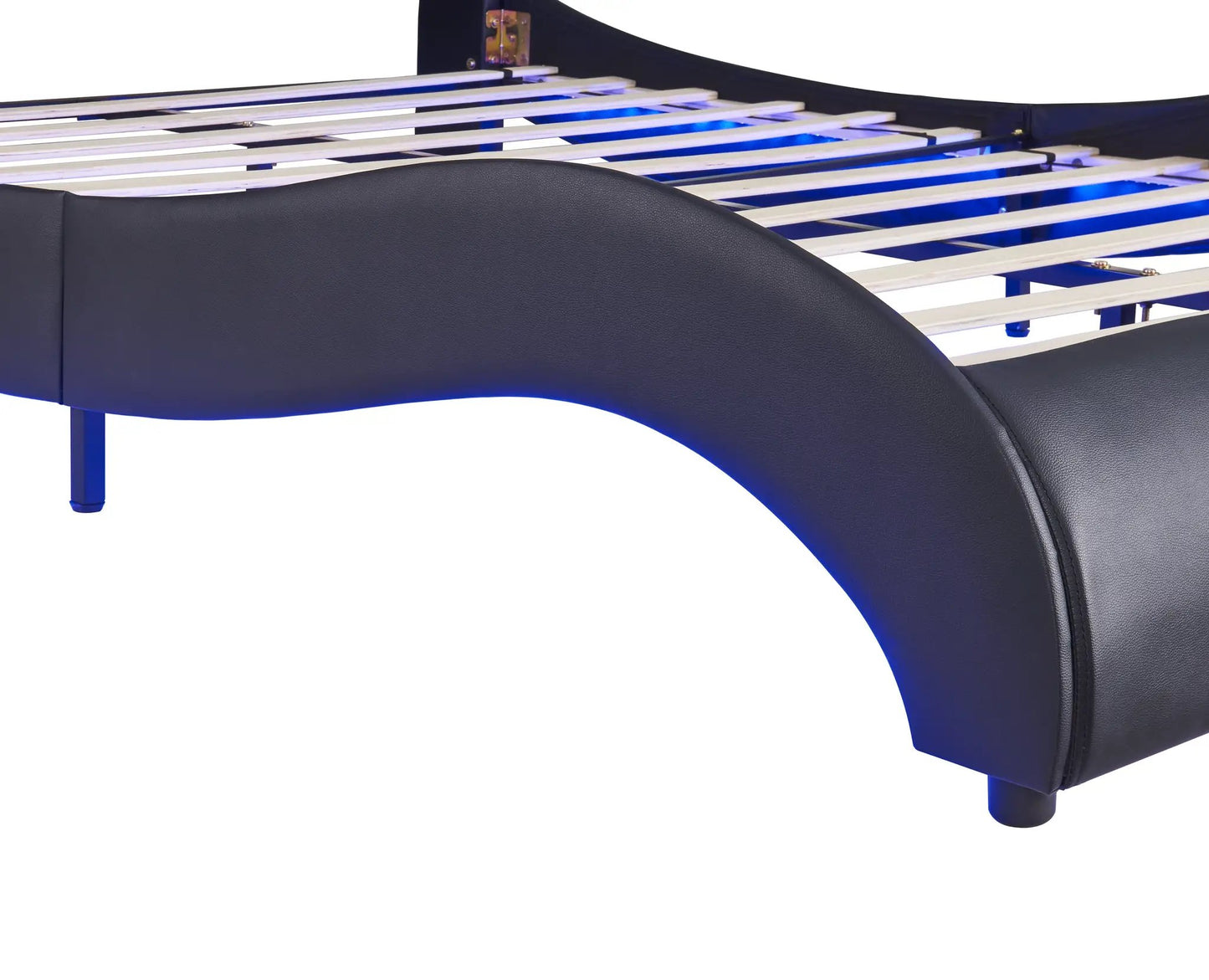 Queen upholstered faux leather platform bed in black with slatted frame and blue LEDs on Tampa Home & Garden Store