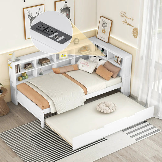 White wooden twin daybed with pull-out trundle, USB ports, and built-in storage shelves on Tampa Home & Garden Store