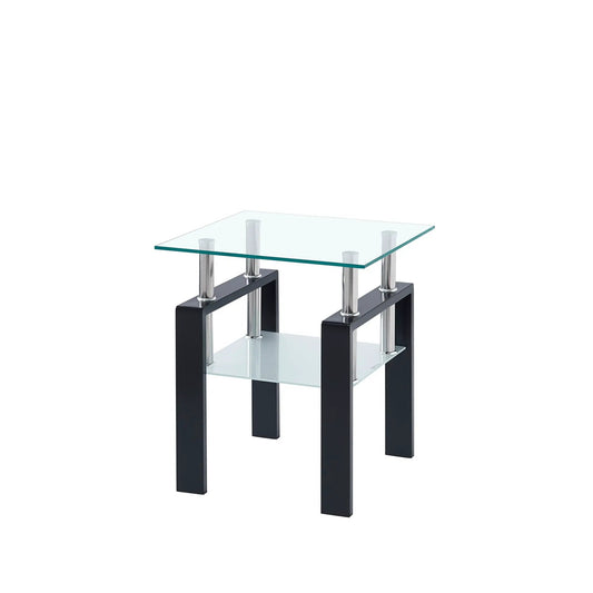 Tempered glass end table with storage, clear top and shelf, chrome posts and black legs on Tampa Home & Garden Store