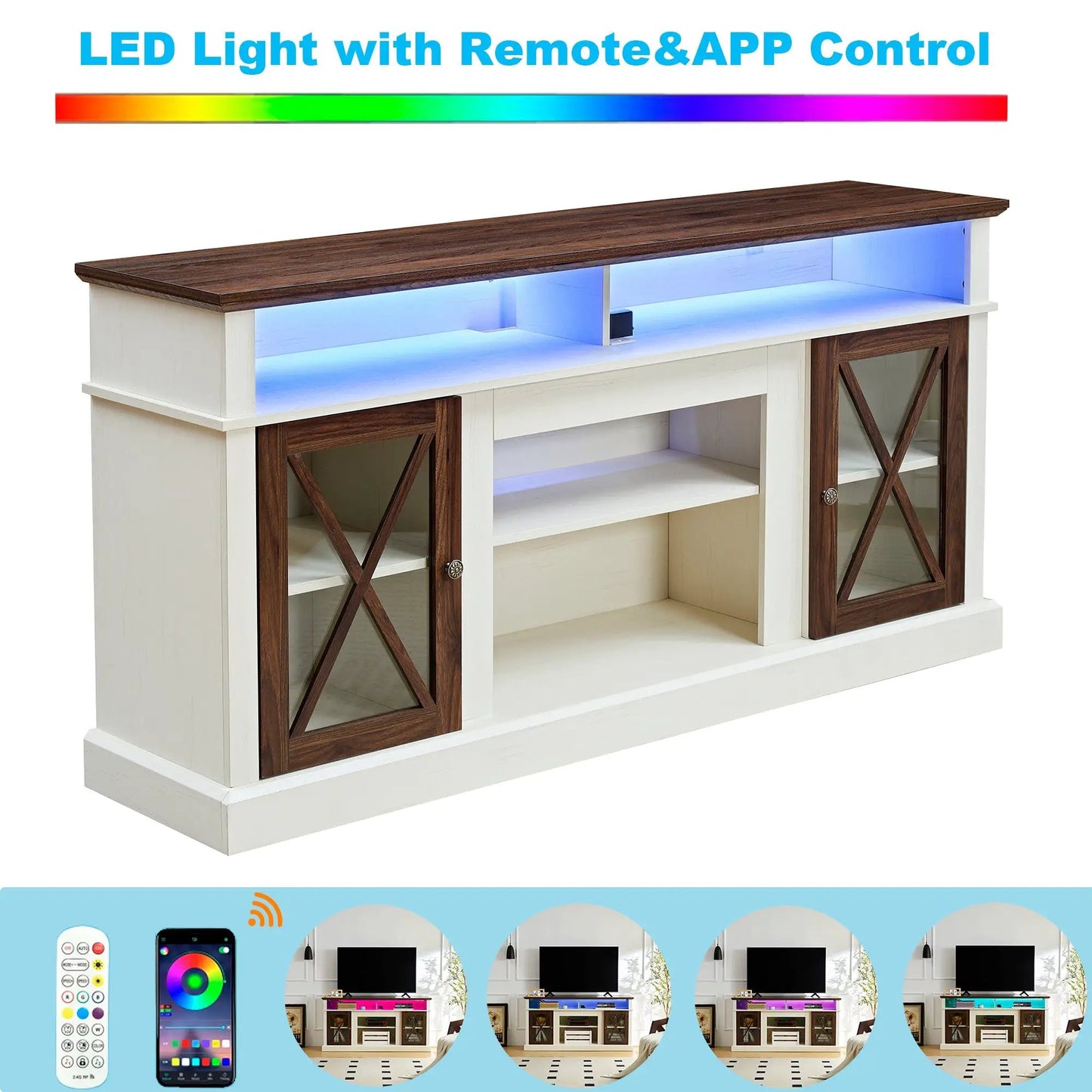 Mueble de TV LED estilo rústico para TV de 65/70/75 pulgadas con toma de corriente, consola alta de entretenimiento multimedia