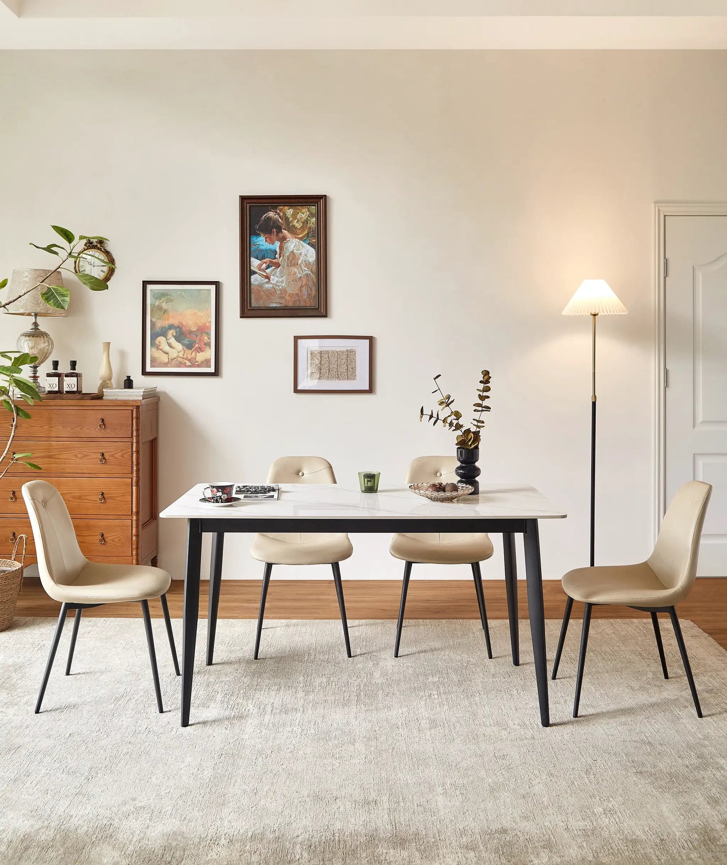 Set of 2 beige high-back PU leather dining chairs with black tapered legs on Tampa Home & Garden Store