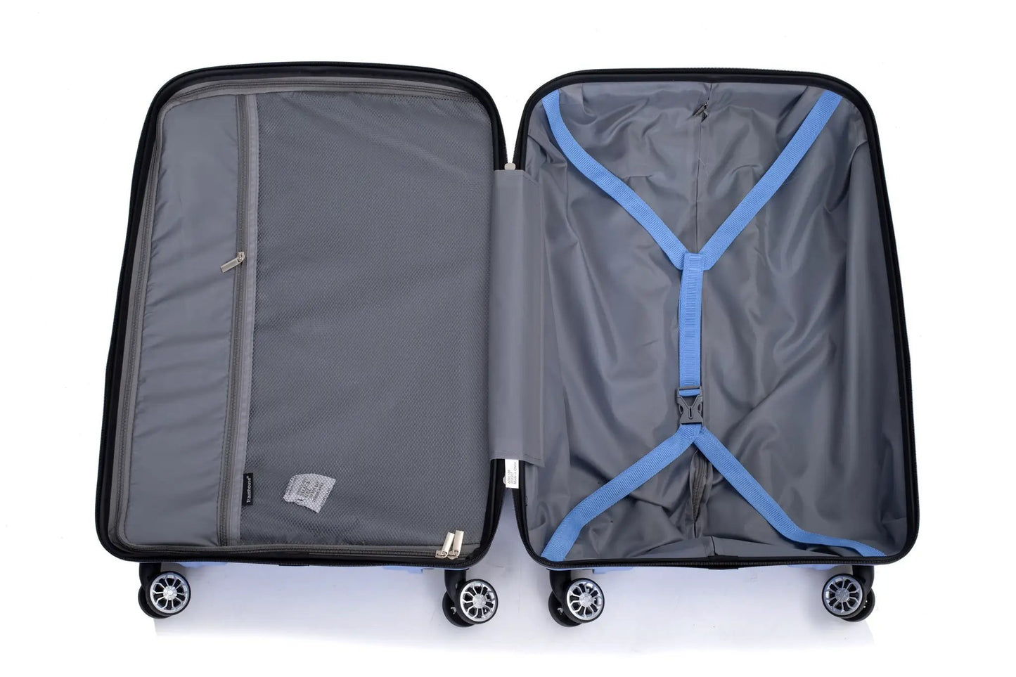 Purplish blue hardshell 3-piece luggage set with gray lining and blue cross straps on Tampa Home & Garden Store
