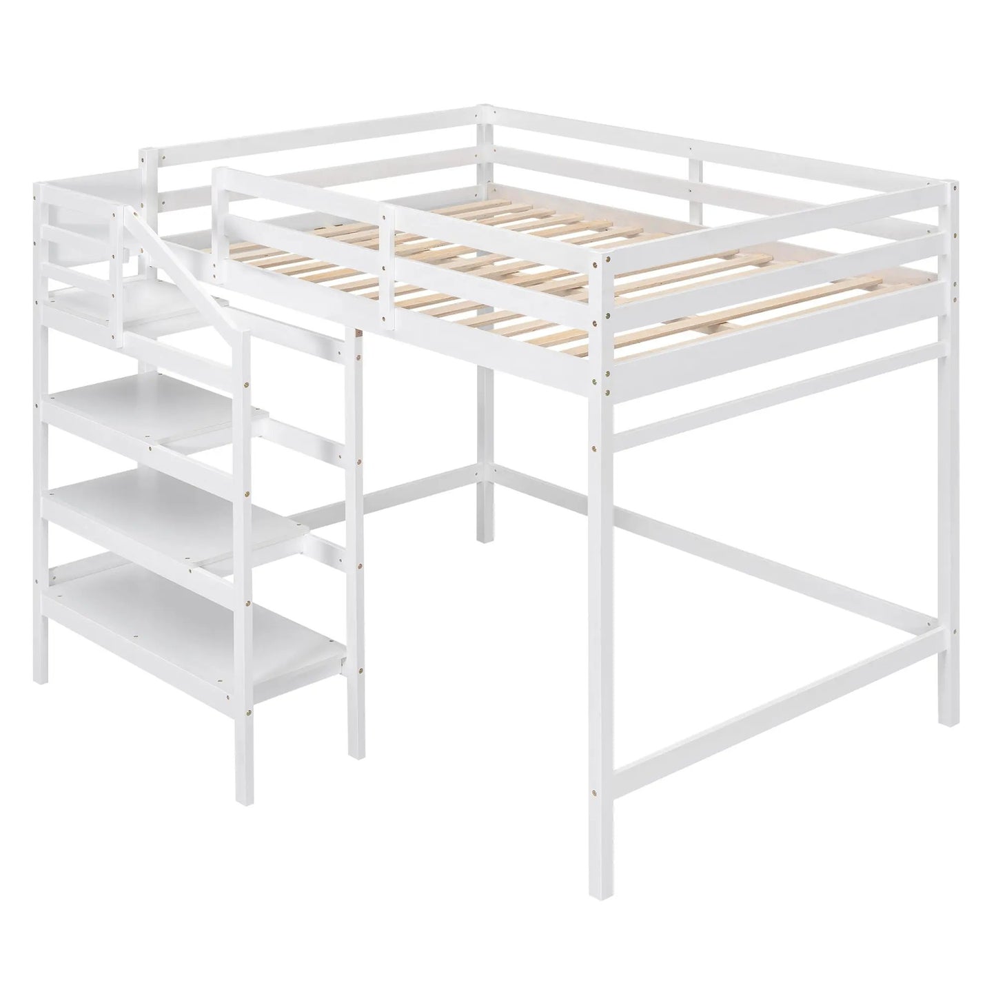 White full loft bed with guardrails, built-in storage stairs and slatted lower frame on Tampa Home & Garden Store