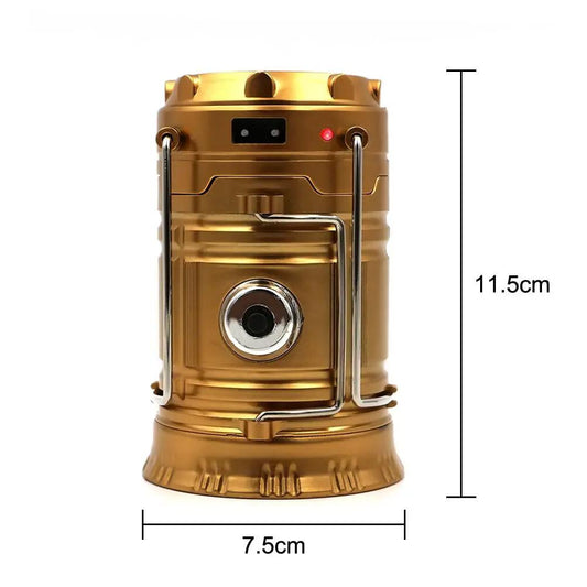 Gold LED solar powered collapsible flashlight handheld torch with metal frame on Tampa Home & Garden Store