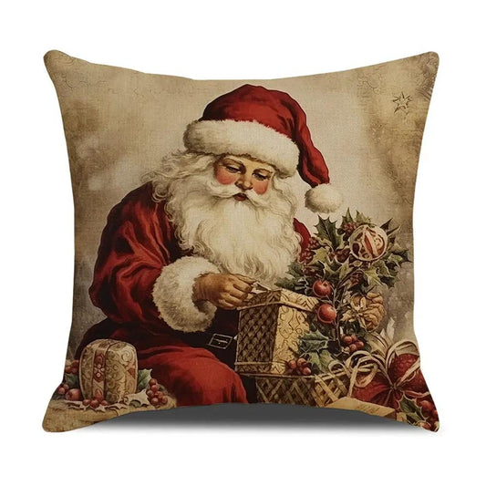 Nordic Santa Pillow Cover vintage Santa design with red suit white fur trim holly basket on Tampa Home & Garden Store