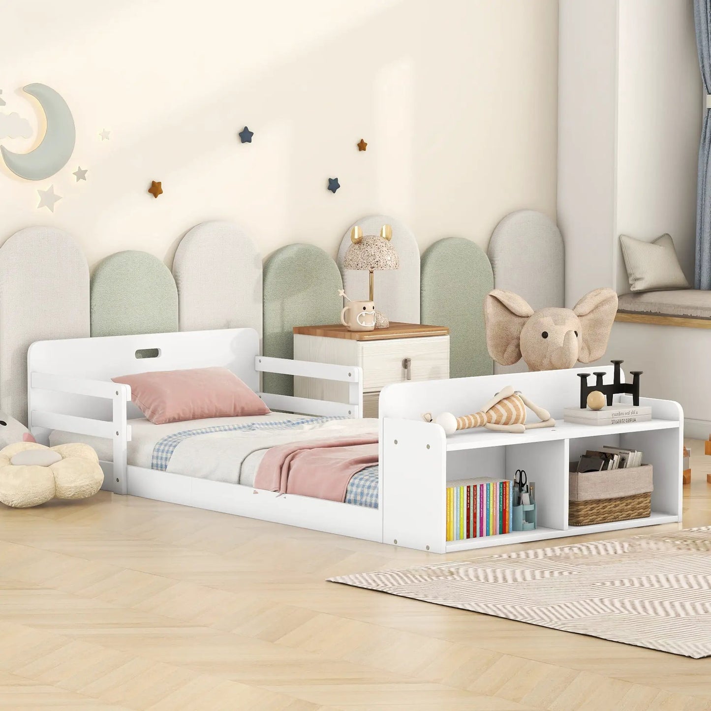 Twin floor beds with storage footboard guardrails, white finish, two beds in pastel decor on Tampa Home & Garden Store