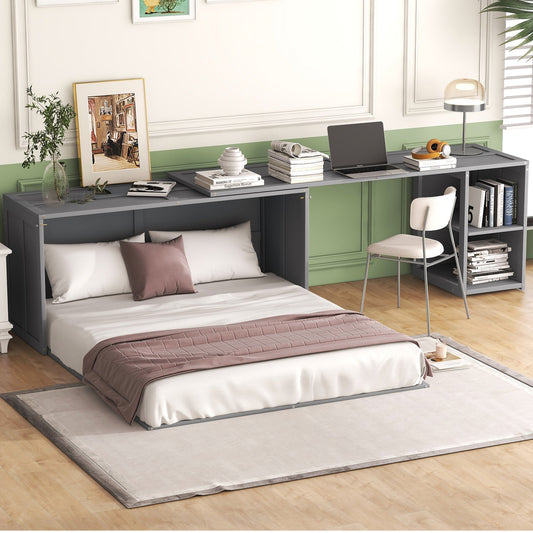 Queen Size Murphy Bed with Rotable Desk Gray