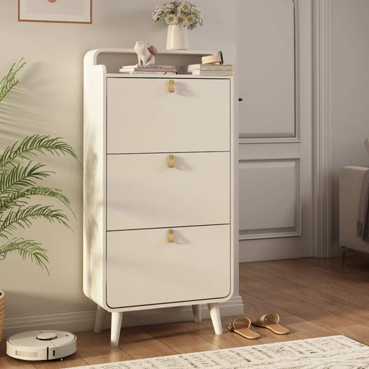 Modern Arc Design Shoe Cabinet with 3 Drawers white finish gold pulls VIP Digital Presence on Tampa Home & Garden Store