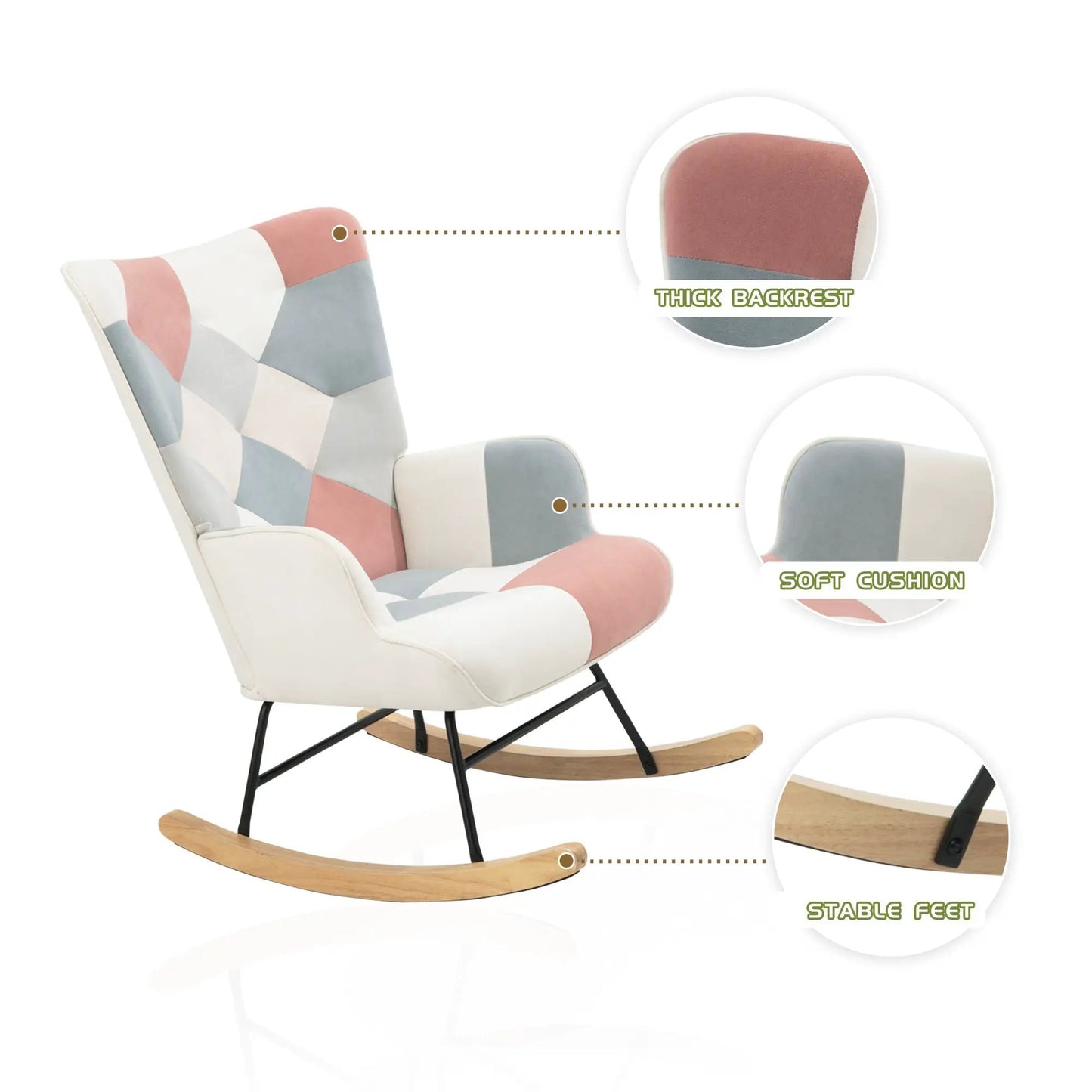 Mecedora con otomana, mecedora de tela de mediados de siglo con patas de madera y lino de retazos para sala de estar o dormitorio