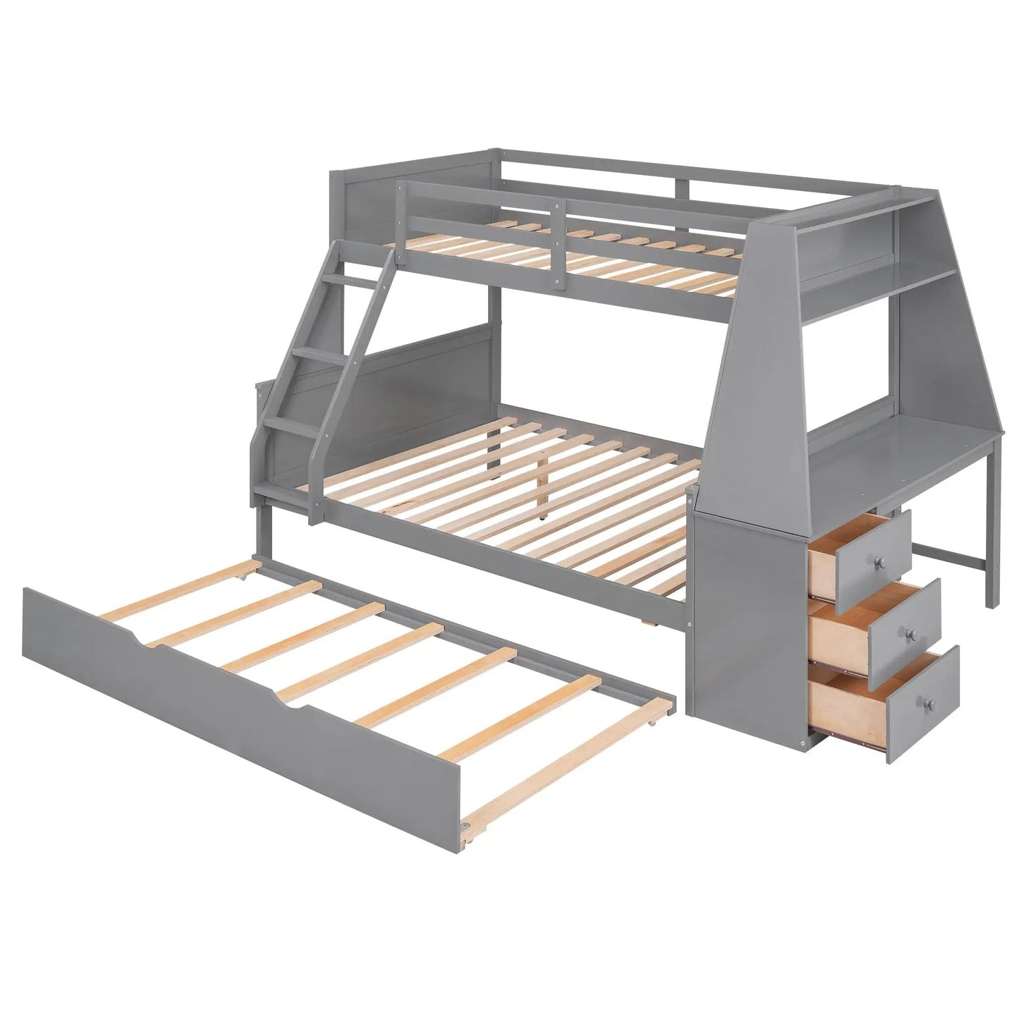 Twin over full bunk bed with trundle and desk in gray, with built-in storage drawers on Tampa Home & Garden Store