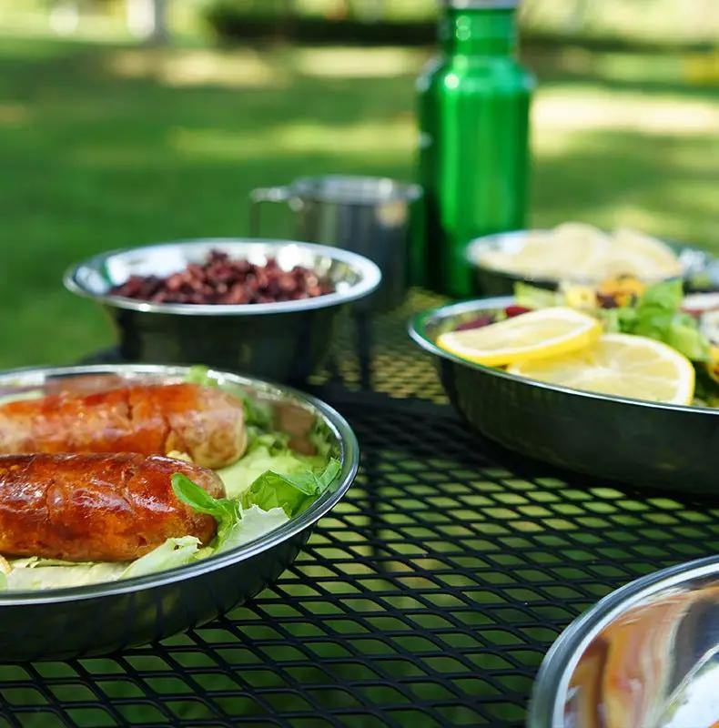 Assiette de camping en acier inoxydable 17 pièces pour barbecue, vaisselle portable de camping, plat de barbecue, ensemble de marmite et bols