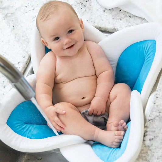 80cm Blooming Foldable Baby Bath Mat Flower Tub with white frame and blue cushions on Tampa Home & Garden Store