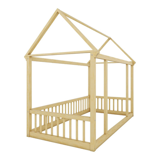 Twin size floor bed with house roof frame in natural wood for toddlers VIP on Tampa Home & Garden Store