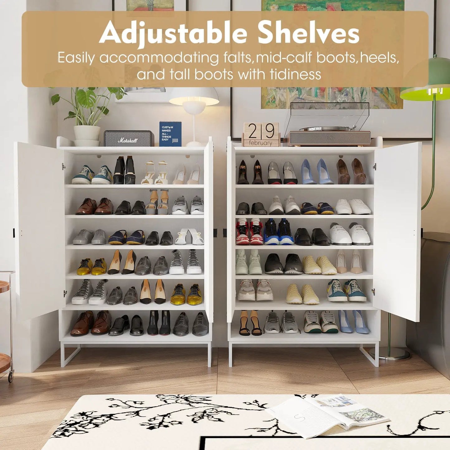 White 6-tier shoe cabinet with doors; stores sneakers and heels; top shelf with plant and speaker on Tampa Home & Garden Store