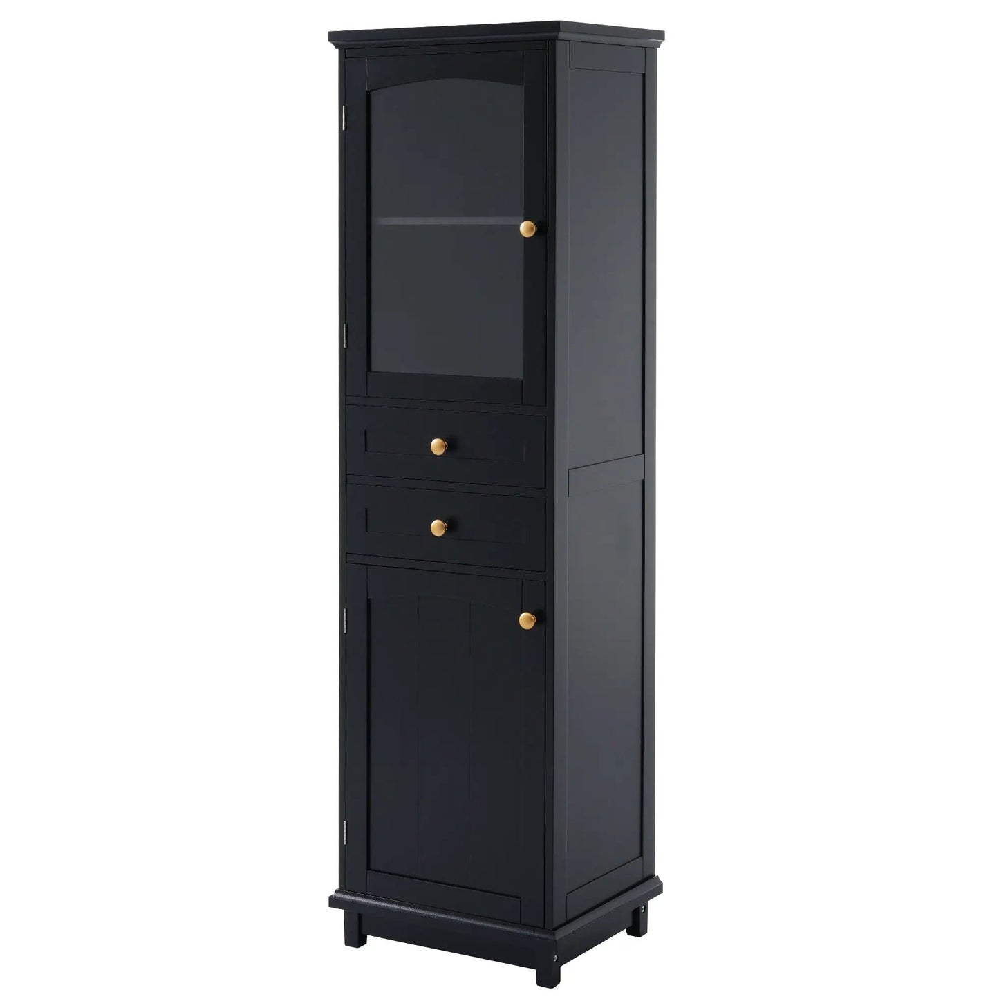Tall black freestanding bathroom cabinet with glass door and multiple drawers with brass knobs on Tampa Home & Garden Store