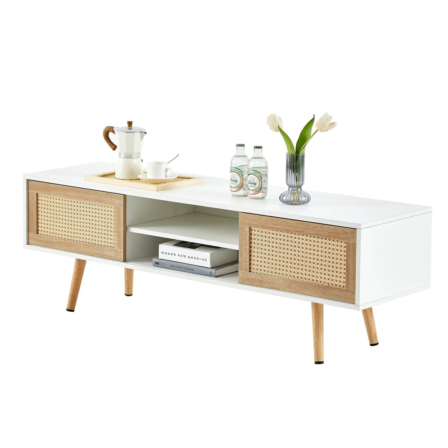 55.12 inch Rattan TV Cabinet with Sliding Doors, white top and cane-woven panels on Tampa Home & Garden Store