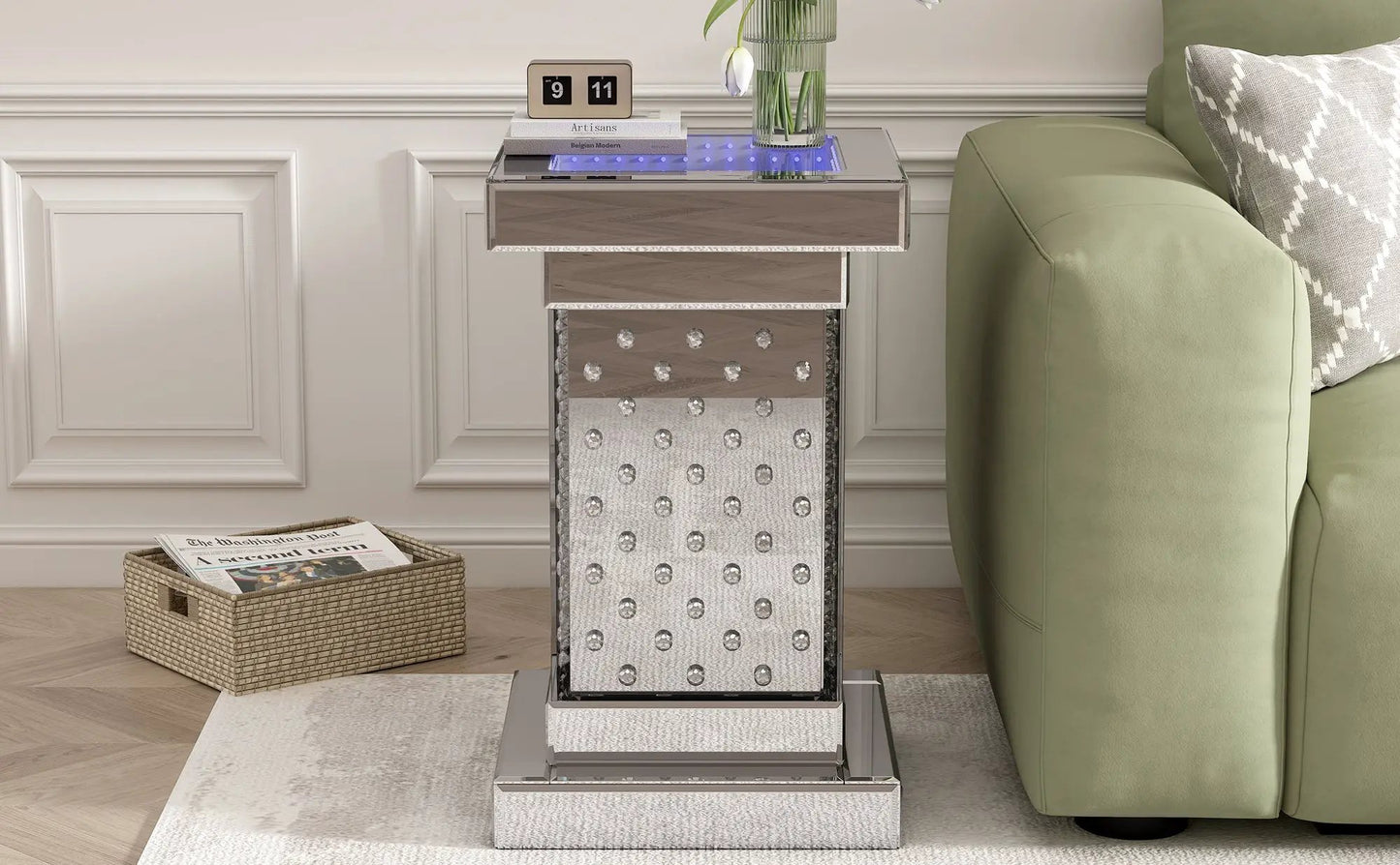 Mesa de centro U-Can plateada de 11.8 pulgadas con espejo cuadrado y luces LED, mesa auxiliar moderna con incrustaciones de cristal, no requiere montaje