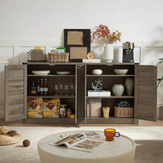 Slate Gray Faux Rattan Sideboard with Barn Doors open shelves and toaster on Tampa Home & Garden Store