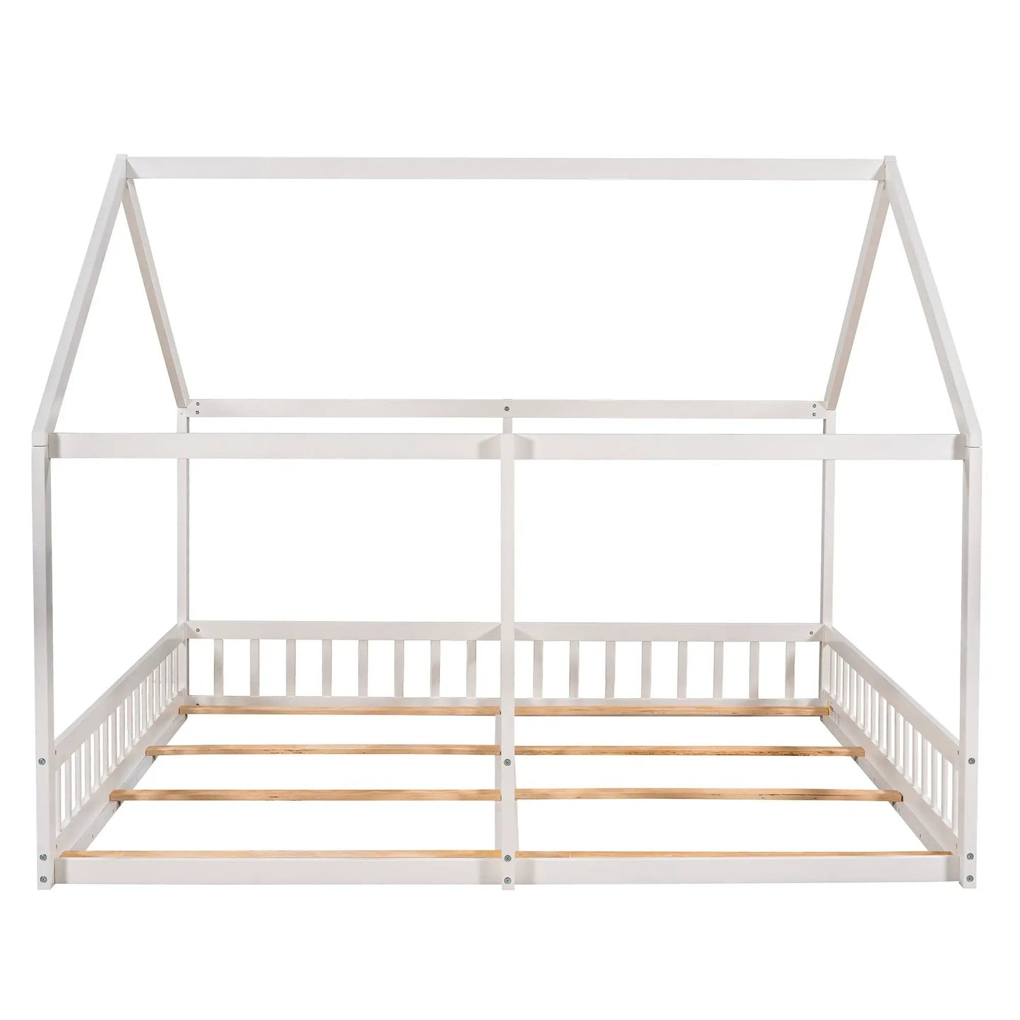 Twin Size House Platform Bed white metal frame with house silhouette rails and wooden slats on Tampa Home & Garden Store