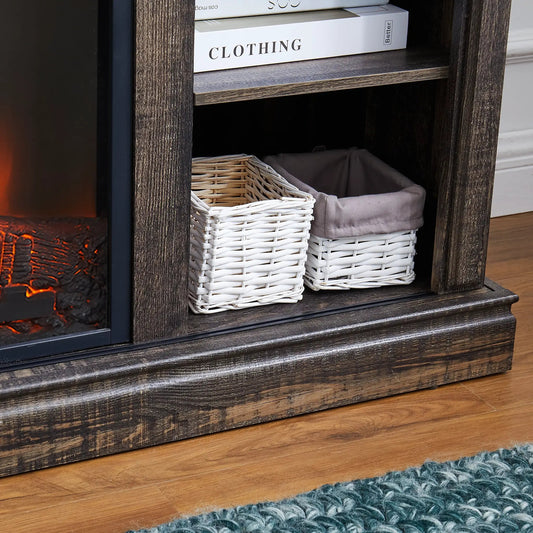 Entertainment Console with 23 Inch Fireplace in dark wood with two white woven baskets on Tampa Home & Garden Store