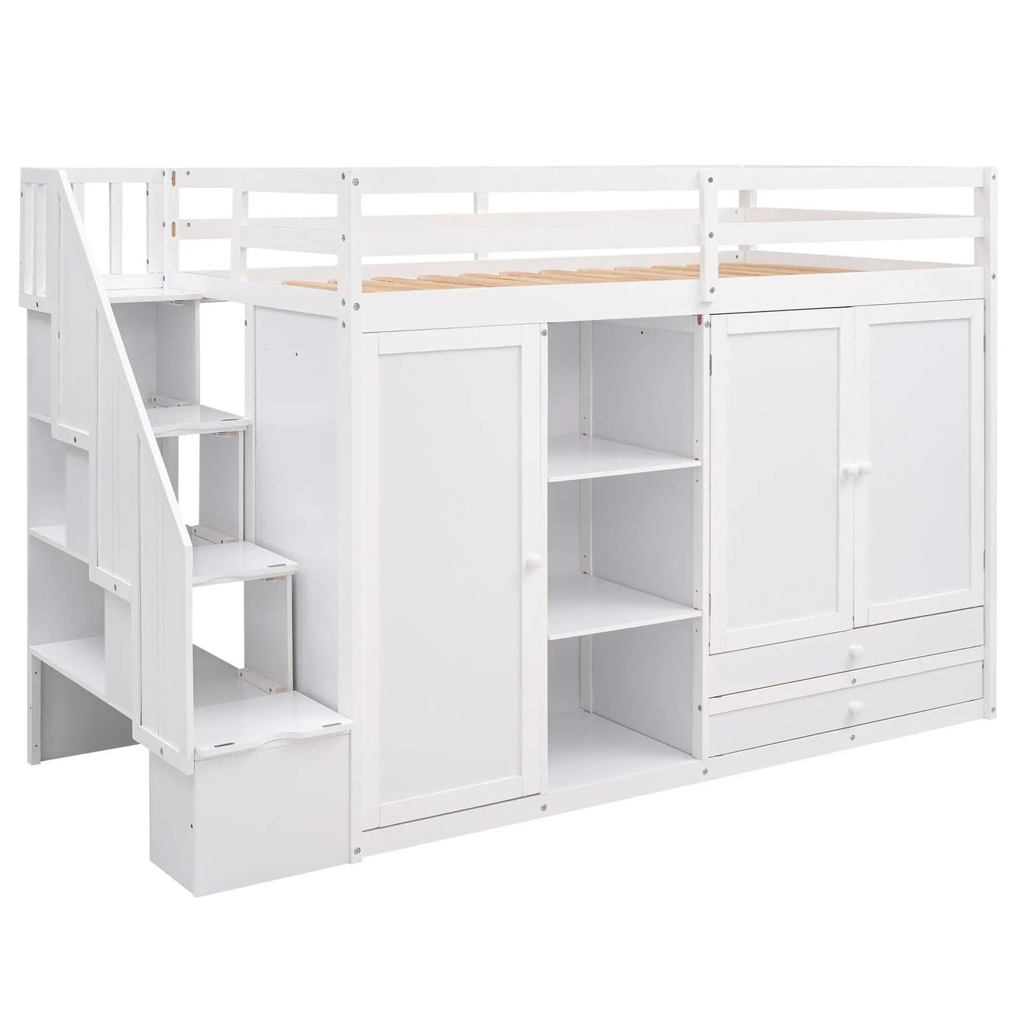 White loft bed with stair-step shelves and two drawers, top bunk with guard rails, storage on Tampa Home & Garden Store