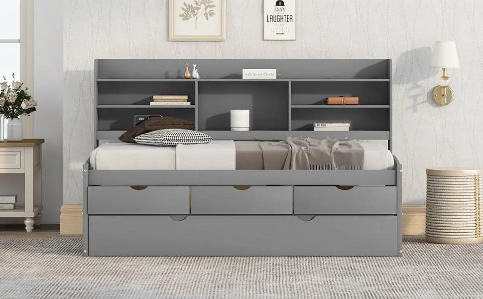 Twin size wooden captain bed with built-in gray bookshelves and three wide under-bed drawers on Tampa Home & Garden Store