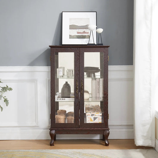 Cherry dual door curio cabinet with mirrored back, tall display cabinet on Tampa Home & Garden Store