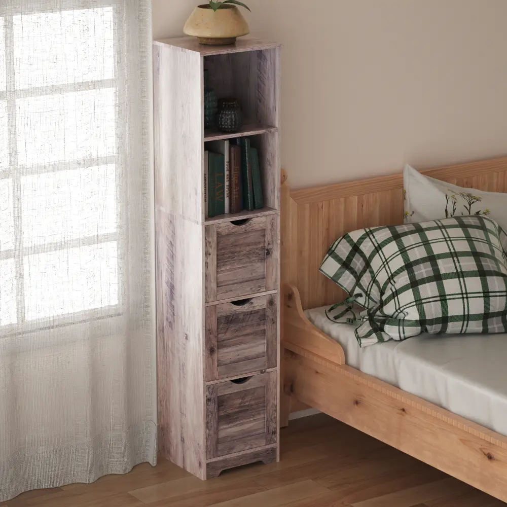 Grey tall bathroom floor cabinet with 3 drawers and open top shelf in distressed wood finish on Tampa Home & Garden Store