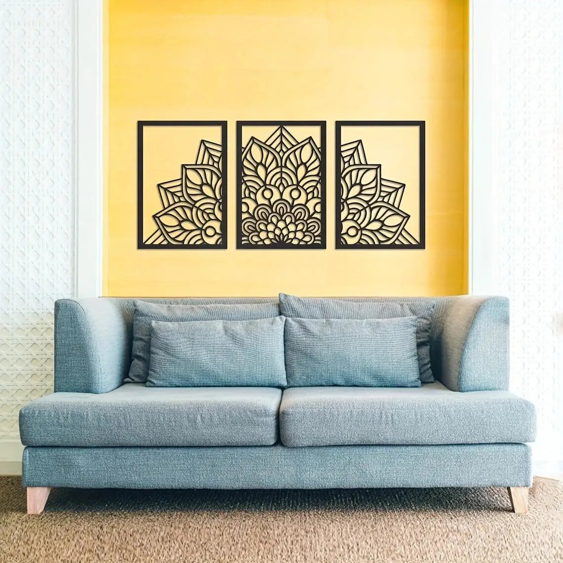 Metal Flying Geese and Iron Wall Art; 3-panel black iron art with mandala motifs over sofa on Tampa Home & Garden Store