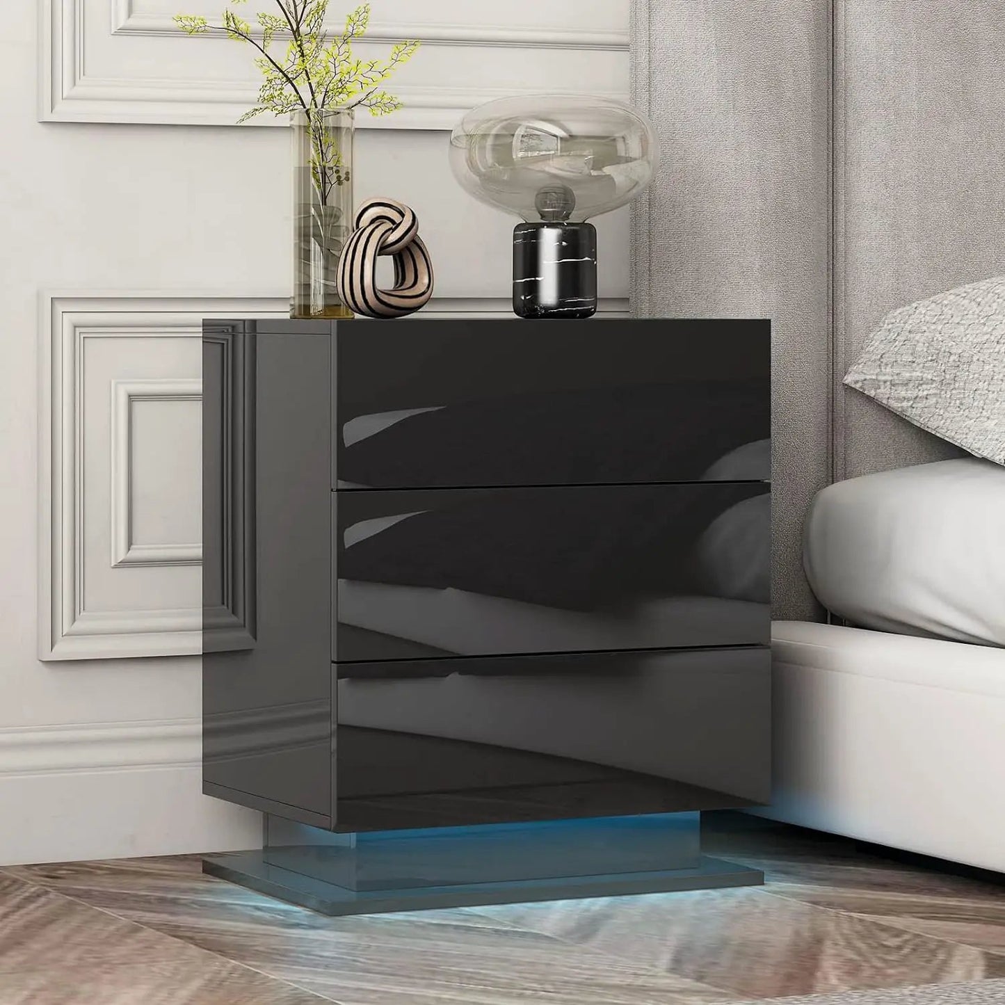 Nightstand with 3 glossy drawers, black finish, LED lighting, by VIP Digital Presence on Tampa Home & Garden Store
