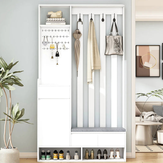 White contemporary hall tree with cushioned gray bench, hooks and shoe storage on Tampa Home & Garden Store