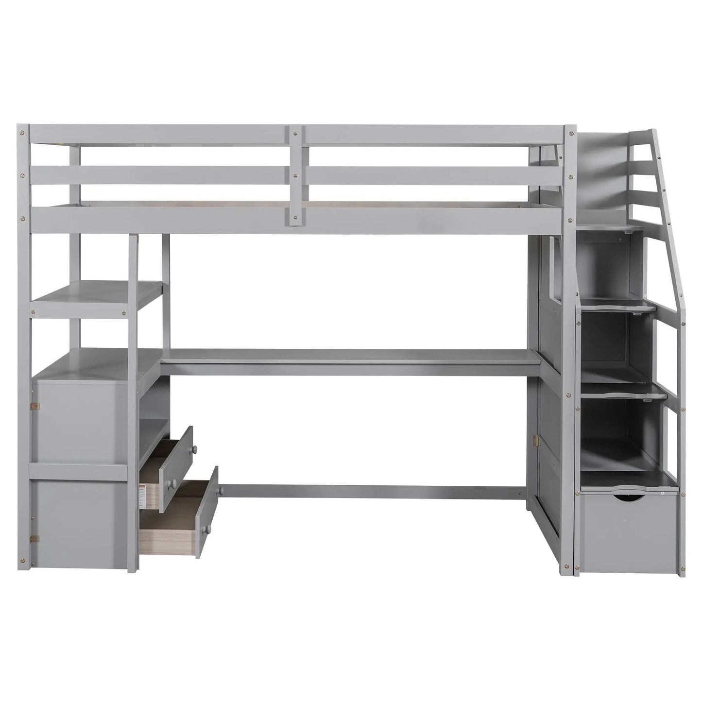Twin size gray loft bed with integrated desk and open shelves, ladder on right on Tampa Home & Garden Store