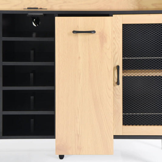 59 Inch buffet sideboard with outlet, black hardware, open left shelves, mesh right panel on Tampa Home & Garden Store