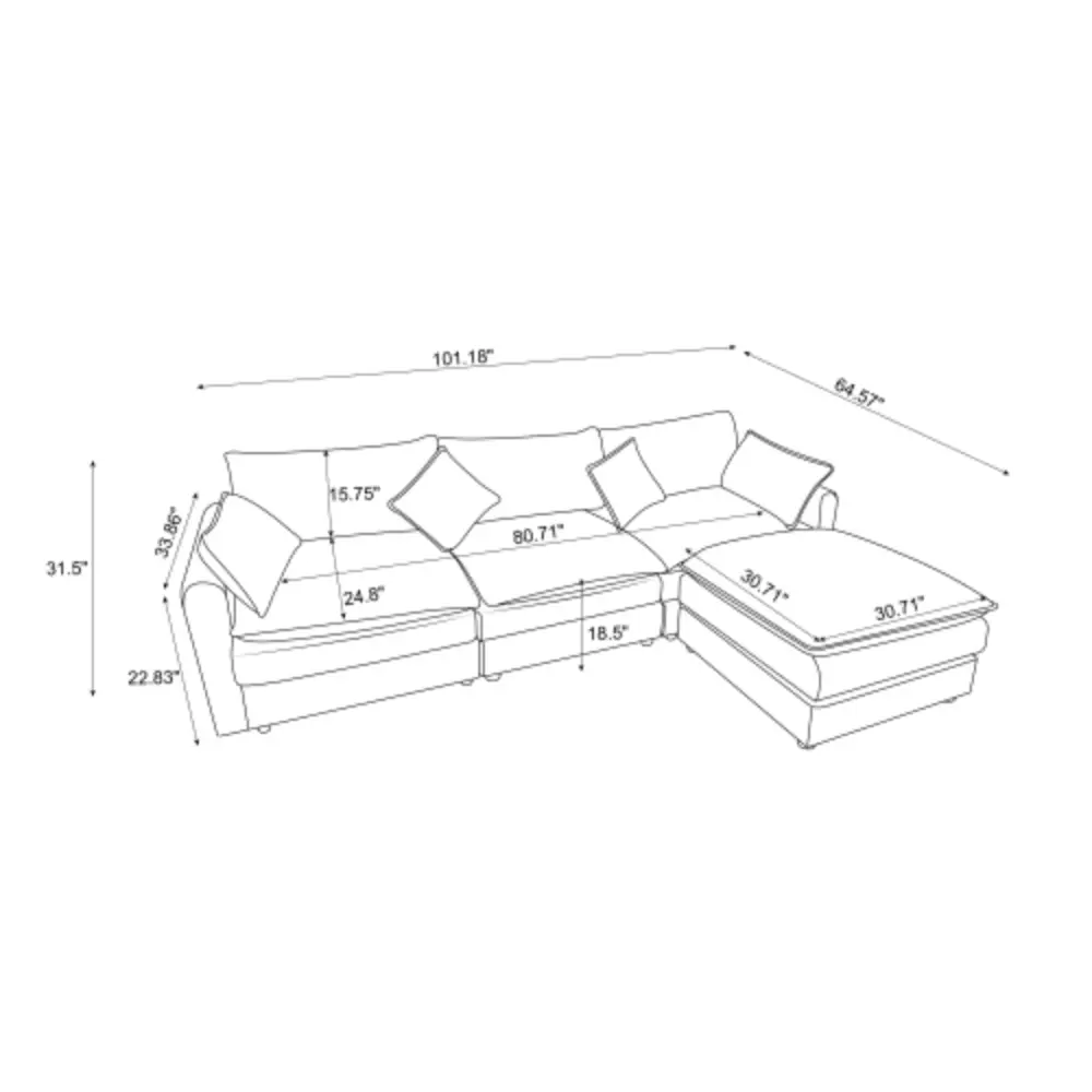 Modular sectional sofa with ottoman and L-shaped chaise, line-drawing blueprint with measurements on Tampa Home & Garden Store