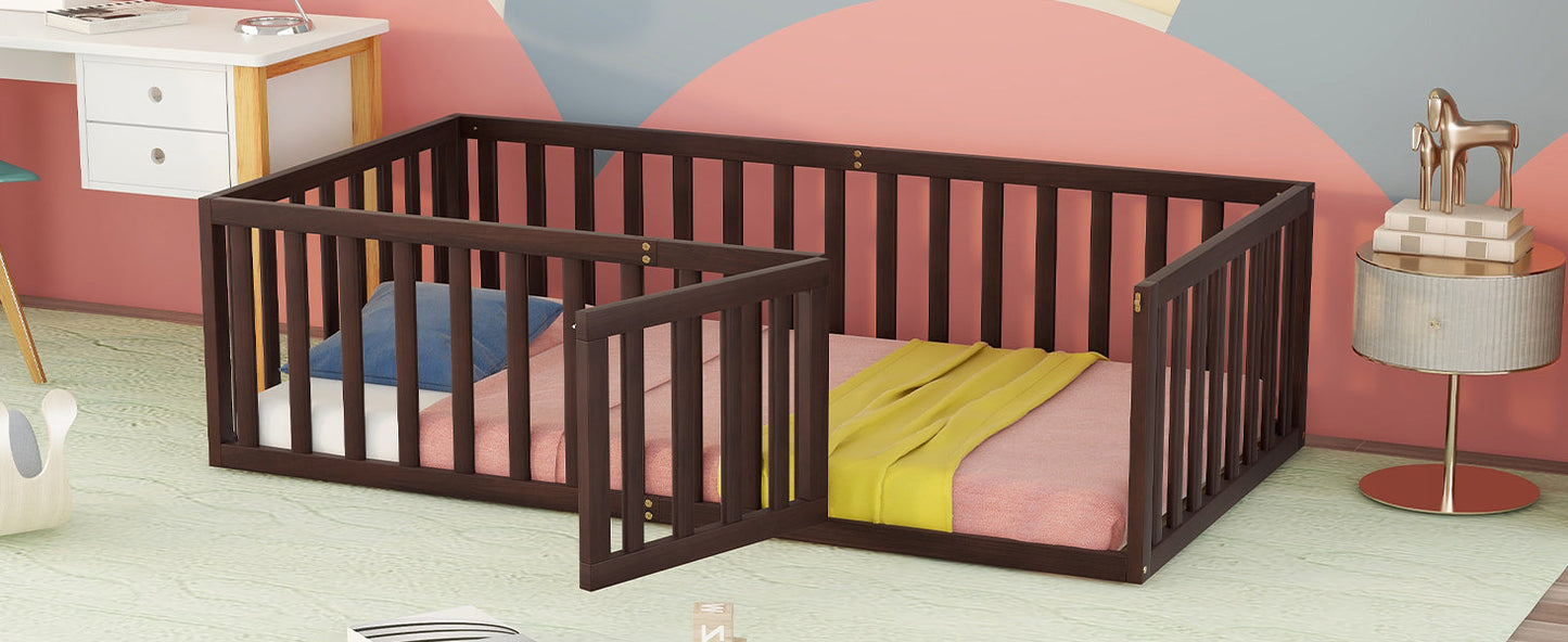 Cadre de lit en bois pour jumeaux avec clôture et porte Noyer (ANCIEN SKU : WF289661AAL)