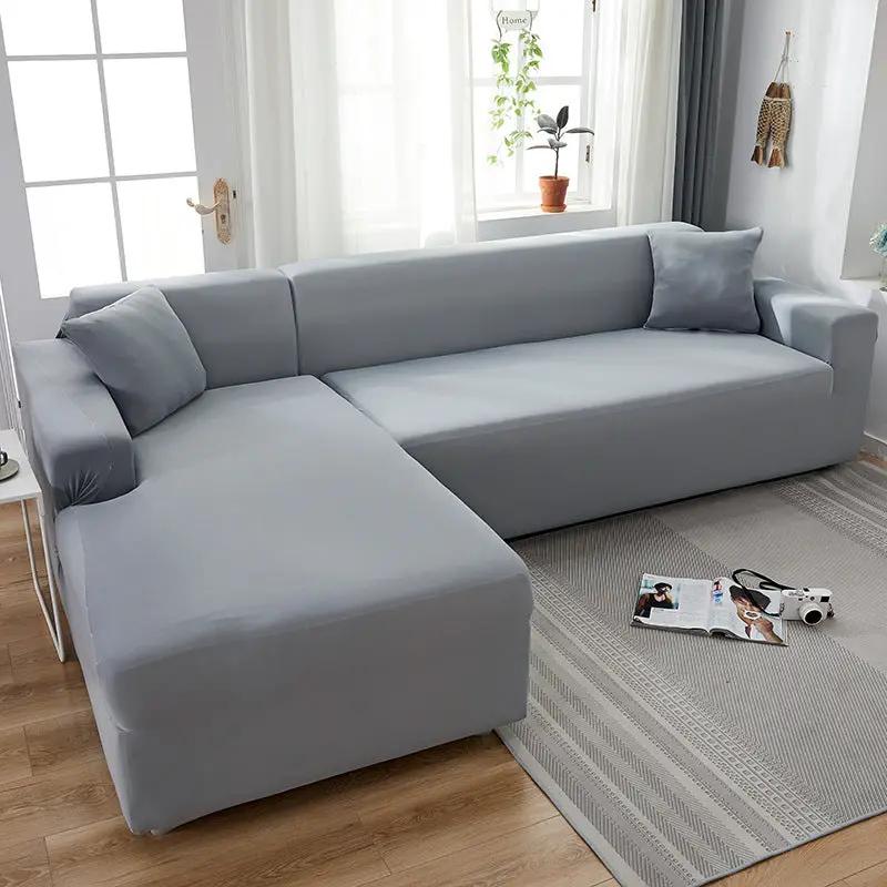 Solid Color Sofa Cover Full Coverage slipcover on L-shaped sectional in light gray on Tampa Home & Garden Store