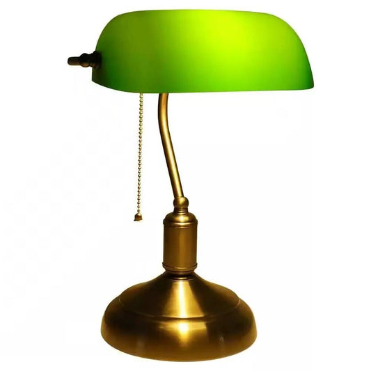 Antique brass bankers lamp with green glass shade, curved brass neck, brass base on Tampa Home & Garden Store