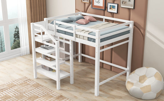 Full Size Loft Bed with Built-in Storage Staircase and Hanger for Clothes White