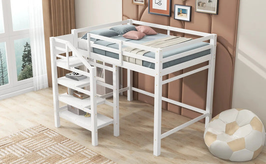 Full loft bed with built-in storage and staircase in white with blue bedding and beige throw on Tampa Home & Garden Store