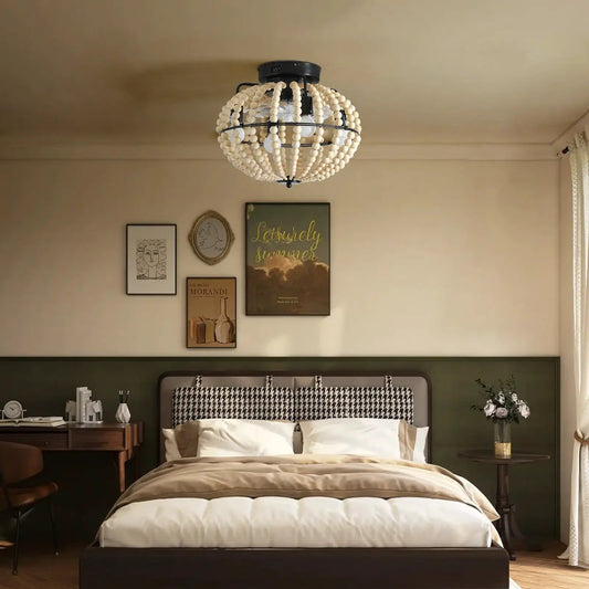 Beaded Fan Lamp Chandelier Oak & White ivory bead spheres in black metal frame above bed on Tampa Home & Garden Store