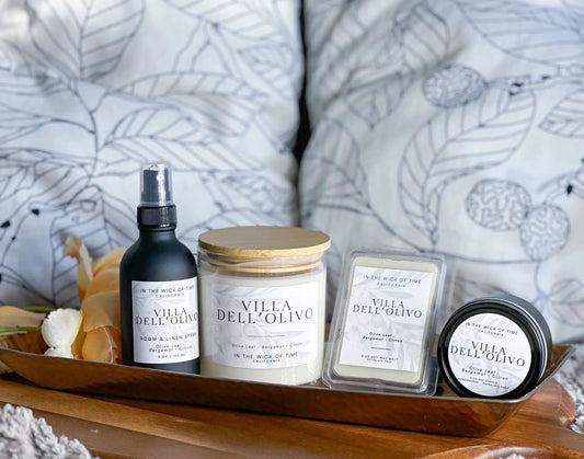 Wax melts set from Villa Dell'Olivo Olive Wood Citrus with In the Wick of Time room spray and candle (3-item display) on Tampa Home & Garden Store