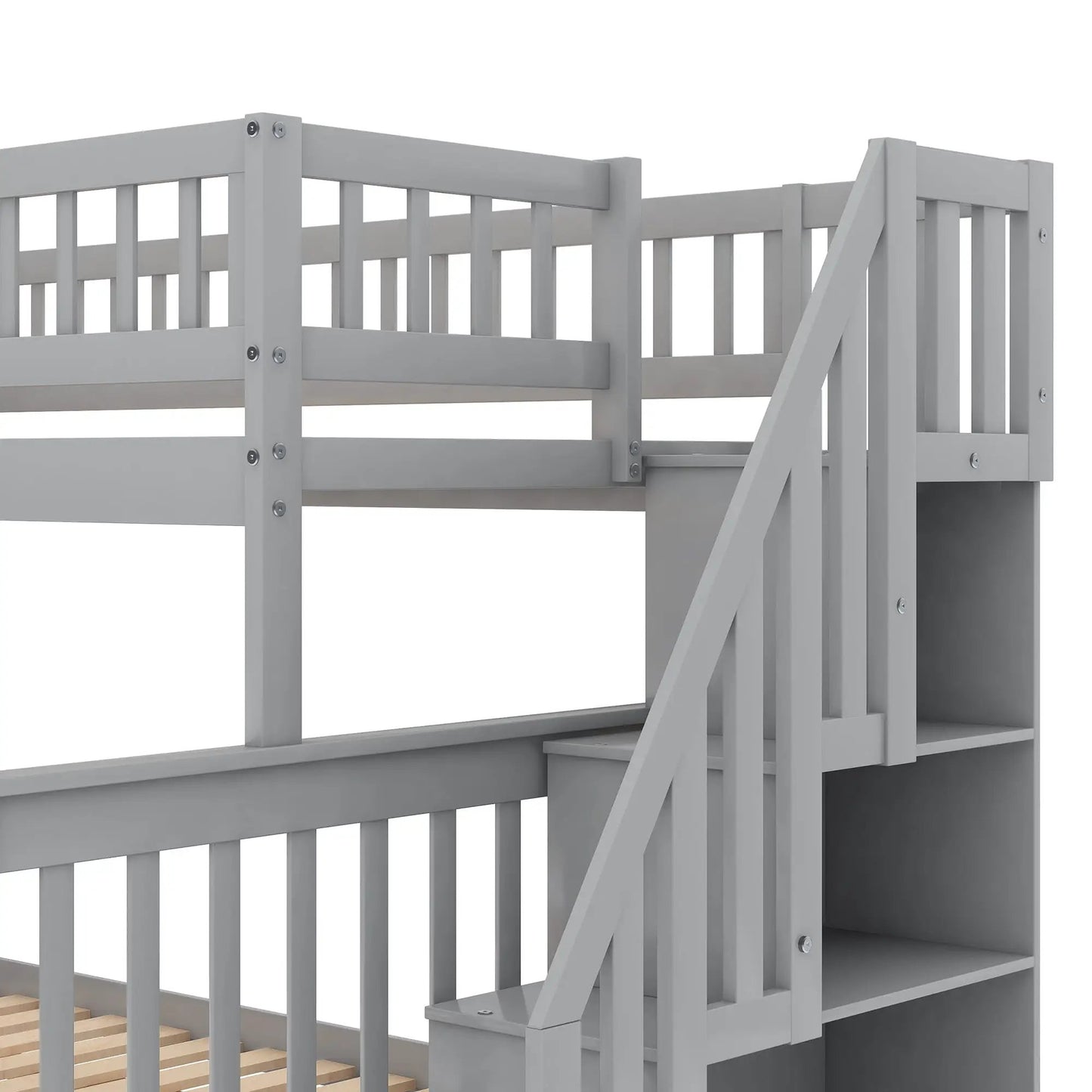 Twin over full bunk bed with staircase and trundle in gray finish on Tampa Home & Garden Store