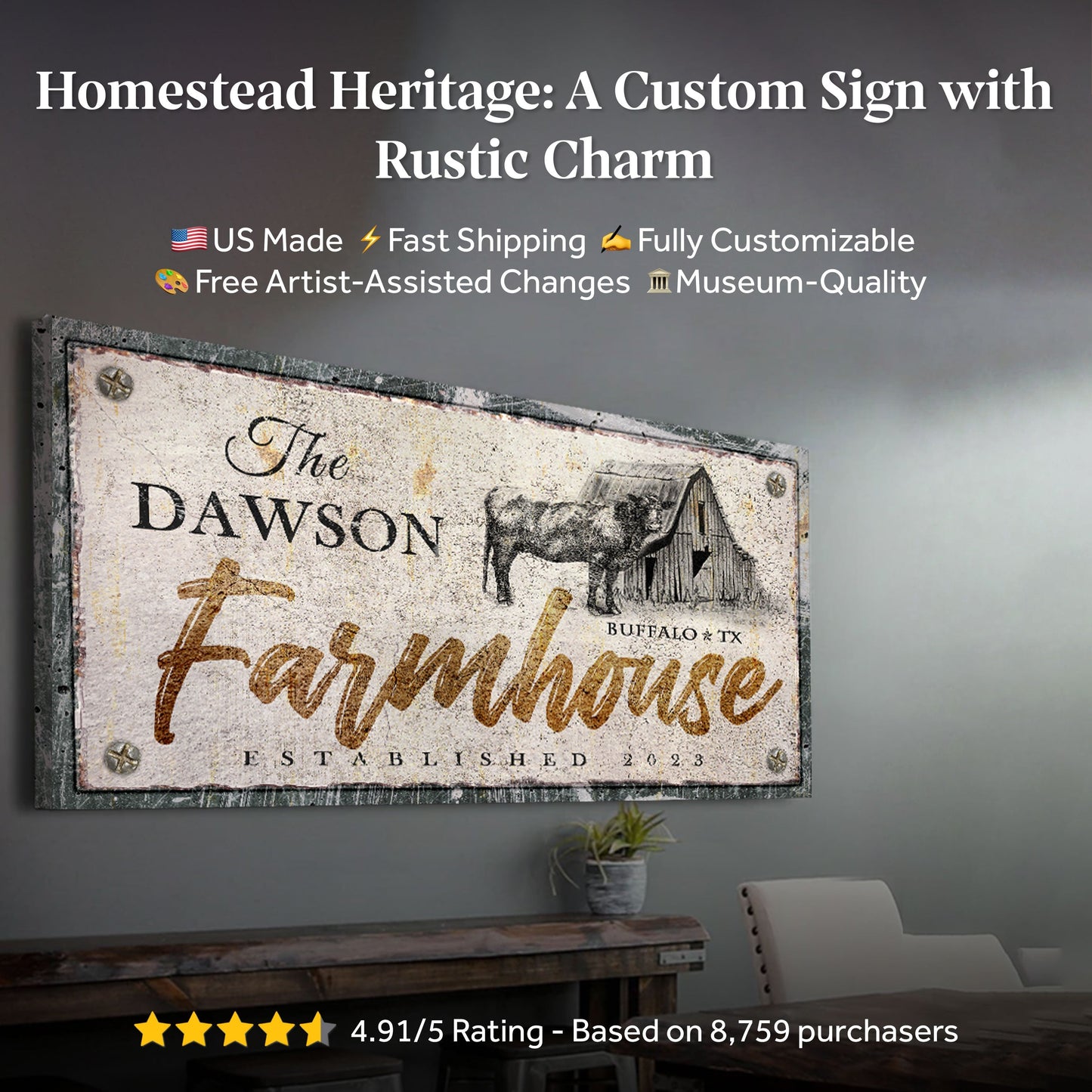 Rustic Farmhouse Sign canvas by Tailored Canvases; vintage print with buffalo motif on Tampa Home & Garden Store