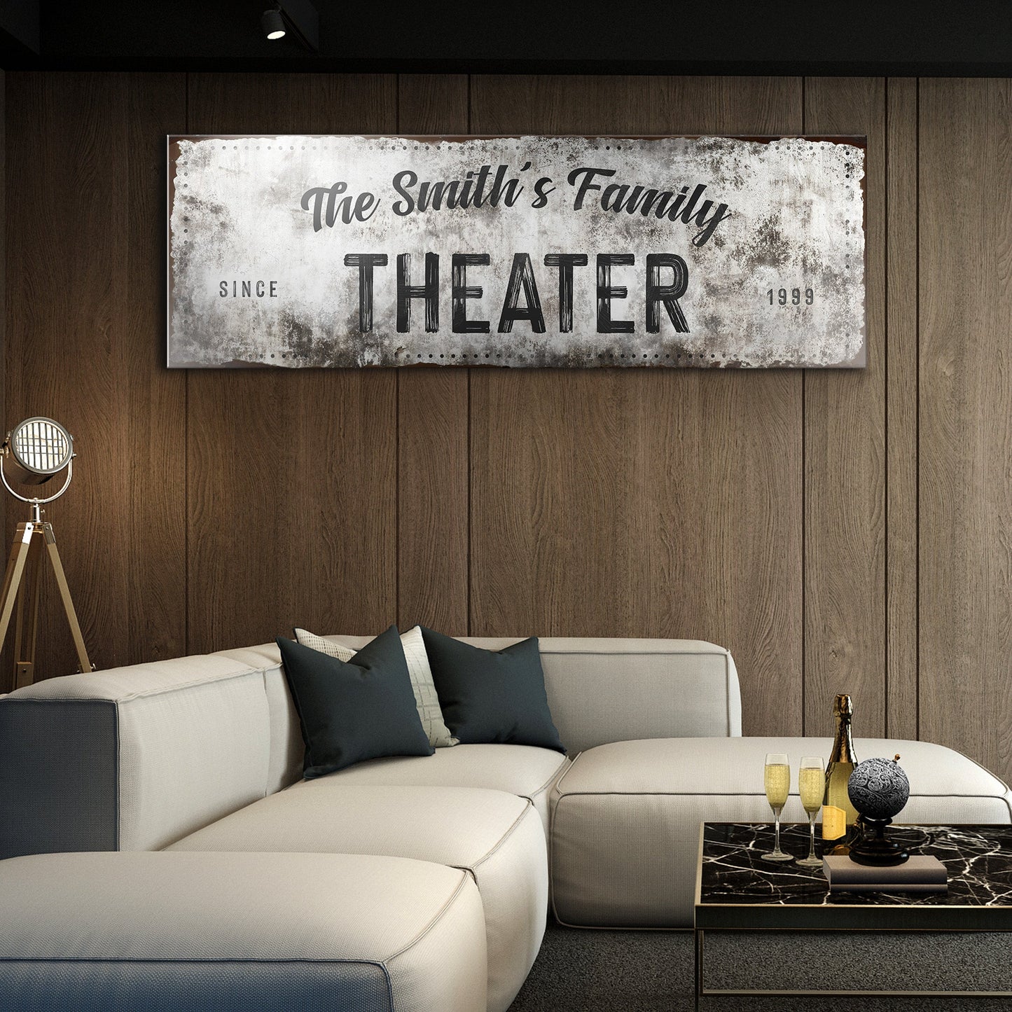 Family Theater Sign canvas by Tailored Canvases; distressed metallic gray look on wood wall on Tampa Home & Garden Store