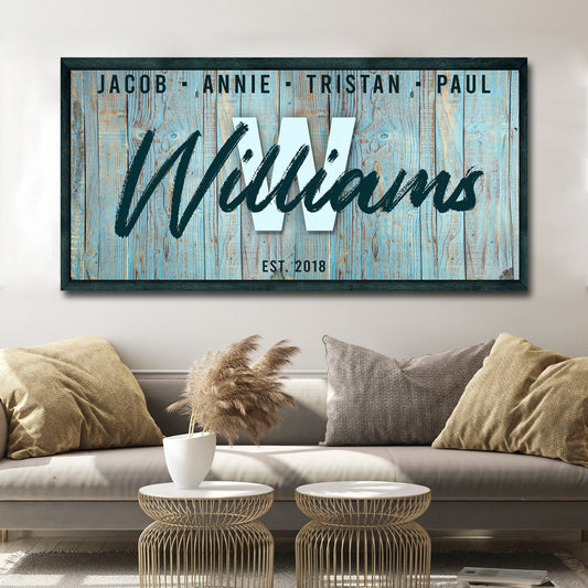 Canvas wall art Family Wood Sign IV with blue distressed wood backdrop and black script on Tampa Home & Garden Store