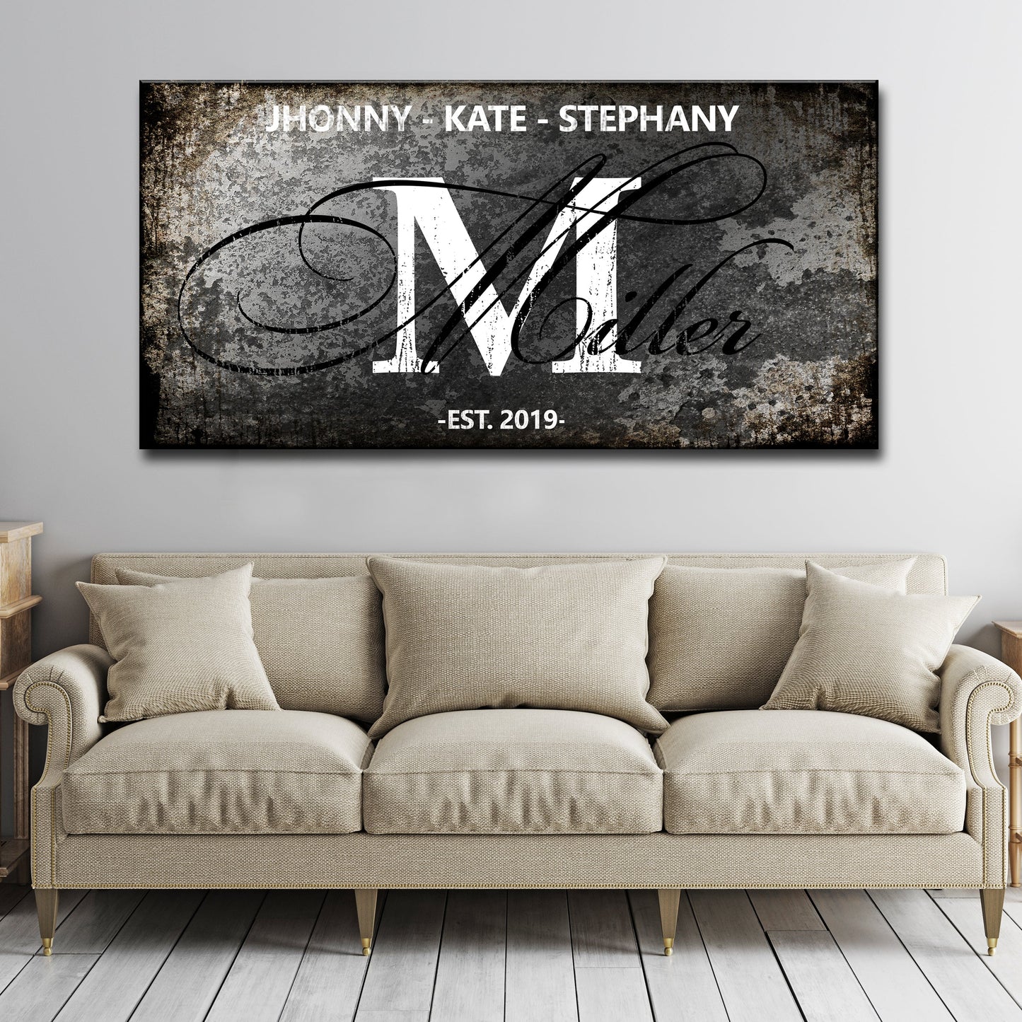 Family Last Name Sign canvas by Tailored Canvases with gray texture and monogram script on Tampa Home & Garden Store